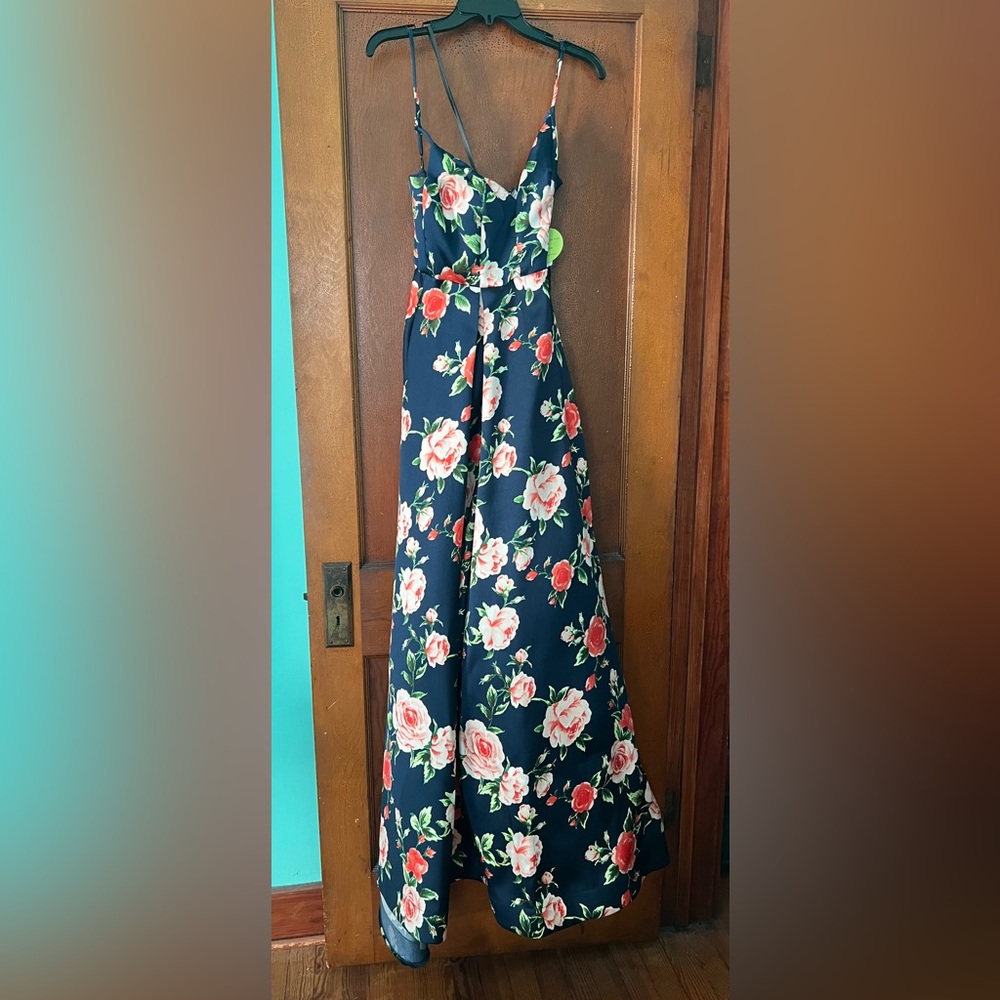 Blue A-Line Prom Dress with Floral Detailing